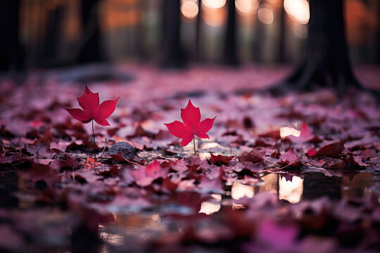 Closeup Of Maroon Leaves Outdoors On Floor, Ai Generated