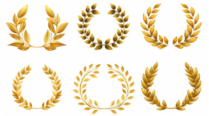 Gold laurel wreath, winner award set vector illustration. Golden branch of olive leaves or stars of victory symbol, insignia emblem decoration design, triumph honor champion prize isolated on white