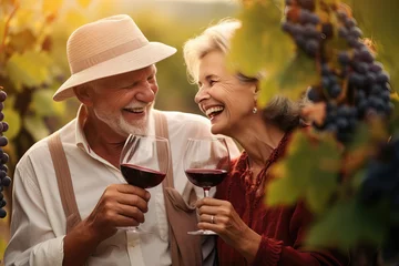Fotobehang older couple tasting wine in a grapevine, ai generated © wernerimages