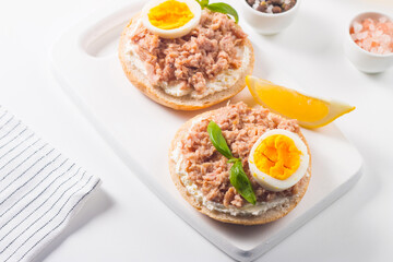 Toast with Canned Tuna. Fish open sandwich with egg and cheese. 