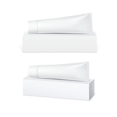 Cool Realistic white tube and packaging. For cosmetics, ointments, cream, tooth paste, glue. Template For Mockup Your Design. vector illustration.