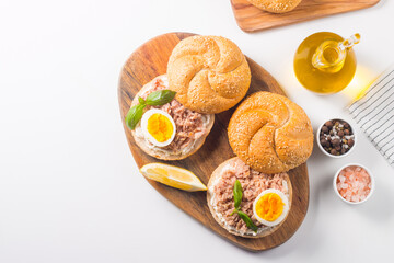 Toast with Canned Tuna. Fish open sandwich with egg and cheese. 