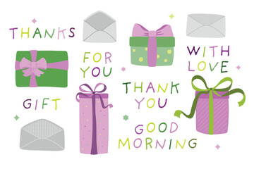 Hand drawn icons of gift boxes tied with a ribbon and envelopes.