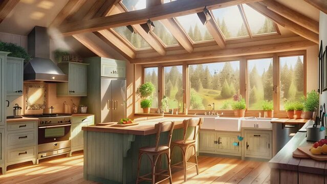 Minimalist kitchen interior design with wood materials and beautiful decorations in the morning. Cartoon or anime illustration style. seamless looping 4K time-lapse virtual video animation background.