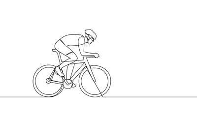 Single continuous line drawing of a cyclist exercising speed. Sport lifestyle concept. Cycling. Track cycling, road cycling. One line drawing vector illustration - obrazy, fototapety, plakaty