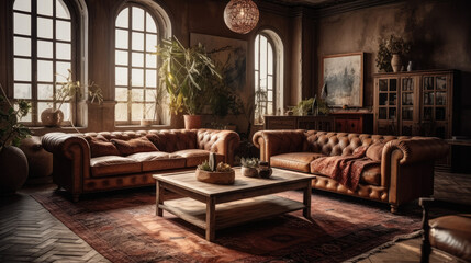 Rustic furniture, sofa and lounge chairs in classic room. Boho interior design of modern living room.
