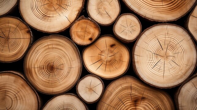 Wood pile. Background of cut logs close up