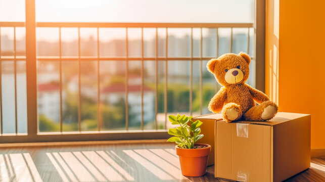 Moving day concept. Teddy bear with carton boxes stack with household belongings in modern house living room. Containers on floor in new home, relocation, renovation, removals and delivery service