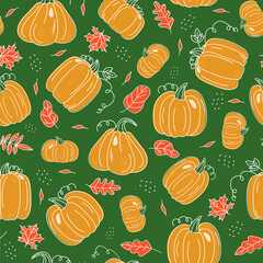 Set of vegetables and autumn leaves, pumpkin drawings. Outline drawing, scribbles, colored spots. Harvest, food. Autumn season. Holiday decor Halloween, Thanksgiving. Vector seamless pattern.