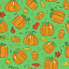 Set of vegetables and autumn leaves, pumpkin drawings. Outline drawing, scribbles, colored spots. Harvest, food. Autumn season. Holiday decor Halloween, Thanksgiving. Vector seamless pattern.