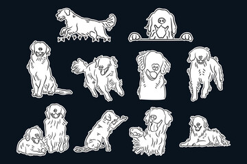 Set of golden retriever dogs hand drawn clip art. Sticker sketch doodle cartoon of dog labrador vector illustration