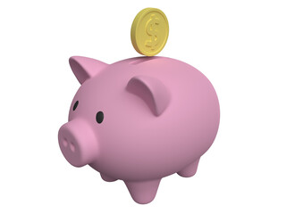 3d piggy bank with coin on transparent background.