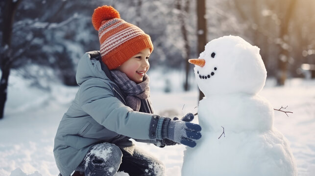 Little boy building snowman in snowy park. Active outdoors leisure with family with children in winter. Kid during stroll in a snowy winter park