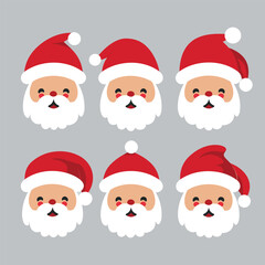Vector image of six Santa Claus faces with red Christmas hats