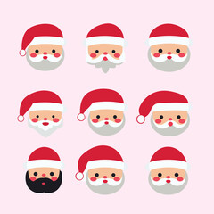 Vector image of nine Santa Claus faces with red Christmas hats