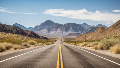 Route 66 highway road at midday clear sky desert mountains background landscape - obrazy, fototapety, plakaty