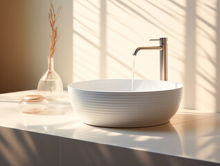 Modern white clean wash basin and faucet with morning sunlight in bathroom