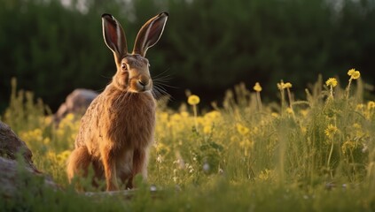 Side view of wild brown hare sitting and looking next to the camera