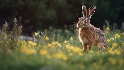 front view of wild brown hare standing on the ground looking away the camera
