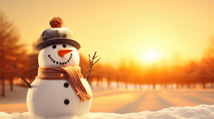 Obraz premium Snowman on orange sunset background