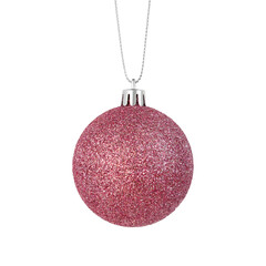 Hanging pink glittering Christmas ornament isolated on a transparent png background. Stock photo