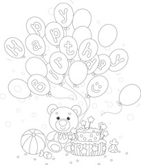 Happy birthday card with a funny toy teddy bear, holiday balloons, a fancy cake, a striped ball and sweets, black and white outline vector cartoon illustration for a coloring book