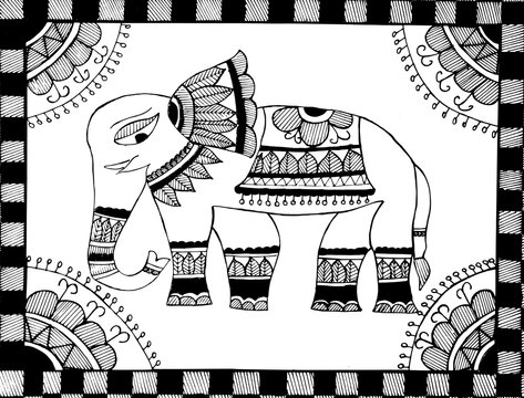Transparent background png file of Graphic image of hand made madhubani painting of elephant in black color
