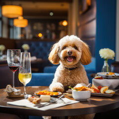 Cute dog sitting at the table in a coffee shop