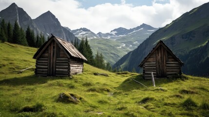 Fototapeta na wymiar Beautiful landscape. Wooden old house in the mountains.