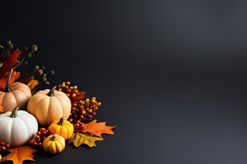 Autumn Harvest and Holiday still life. Happy Thanksgiving Banner. Selection of various pumpkins on dark wooden background. Autumn vegetables and seasonal decorations.