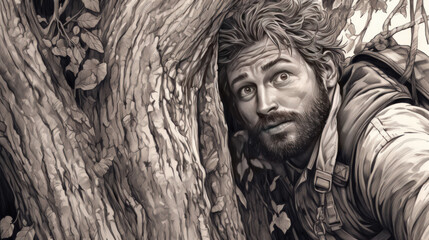 Man with Beard and Backpack in a Forest of Detailed Trees Artistic Illustration of a Traveler AI Generated