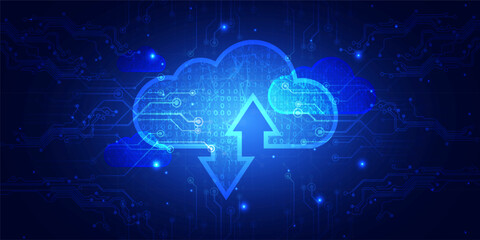 Digital technology cloud computing internet network connection blue background, cyber storage information, abstract transfer communication, innovation futuristic tech data, Ai big data illustration 3d