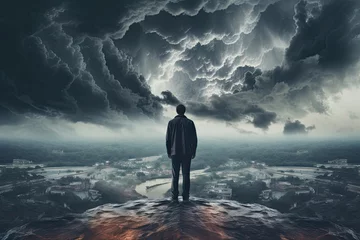 Foto op Canvas a person standing in front of a storm © DailyLifeImages