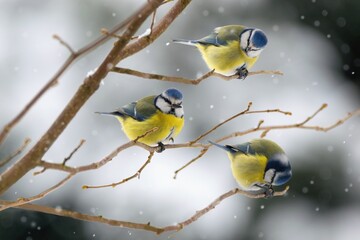 Winter scenery with blue tit birds sitting on the branch (Cyanistes caeruleus) © Tunatura