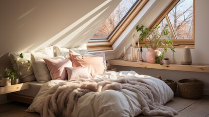 A calm bedroom environment with a unique touch of nature, dominated by white.