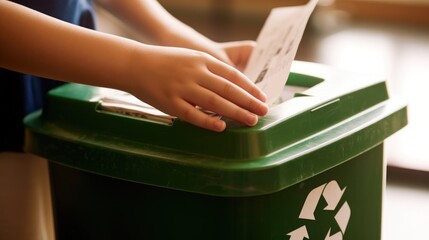 Student throwing paper into recycle bin.