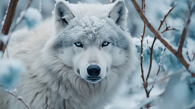 White wolf in the winter forest.