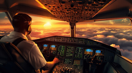 View from the inside of the cockpit with the captain on the sky cloudy during sunrise