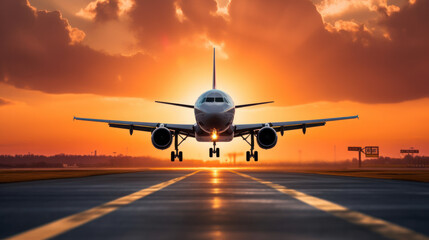 Fototapeta na wymiar airplane landing in the airport at sunset