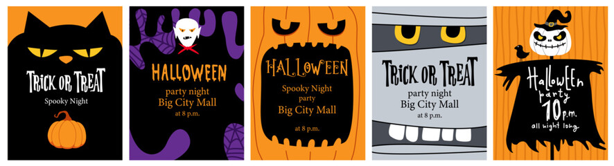 WebHappy Halloween cards, invitations, posters set. Place for text. Spooky characters, cat, Dracura, mummy, scarecrow, pumpkin. Halloween style lettering. Trick or trteat.