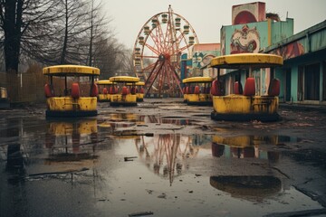 Fototapeta na wymiar abandoned amusement park with fallen rides and Ferris wheel