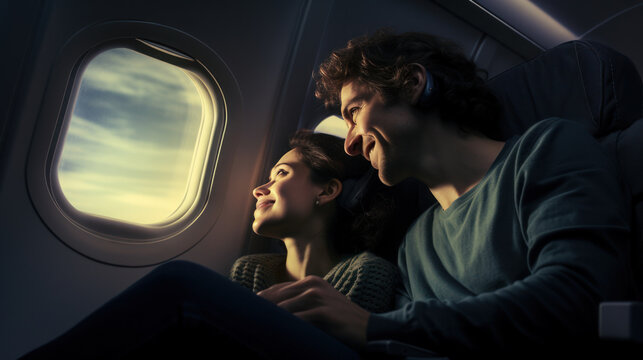 couple love talking on the airplane