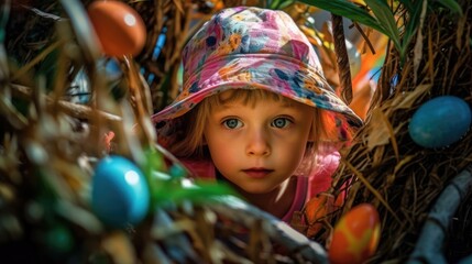 Happy little girl looking for Easter eggs hidden among greenery in garden.