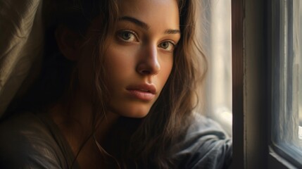 Fototapeta premium The dreamer is a girl looking out the window, her eyes filled with curiosity.