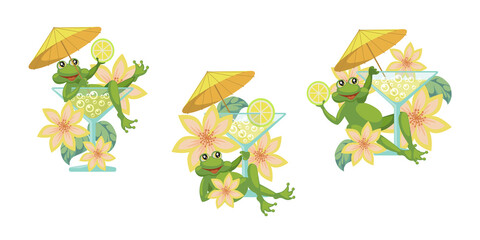 Frog with a glass of champagne, lemon and flowers. sticker.  illustration.