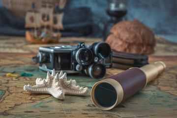 Spyglass and a starfish lie on an old map against the background of a vintage film camera with cassettes