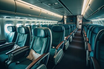 an interior of a second class passenger cabin with comfortable passenger seats of an airplane 