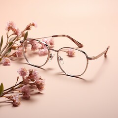 women eyewear eyeglasses model with flowers on pastel color background