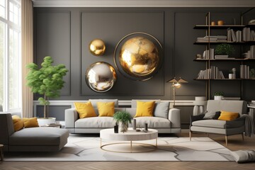 stylish designer home interior design background concept uniqe living room decorating with artwork wall canvas photo frame with leather sofa living set in beautiful living room home interior design