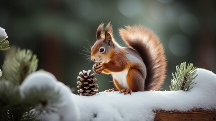 Close-up of a squirrel in the winter forest. - obrazy, fototapety, plakaty